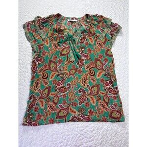DR2 Green Paisley Floral Print Drawstring Short Sleeve Blouse size medium